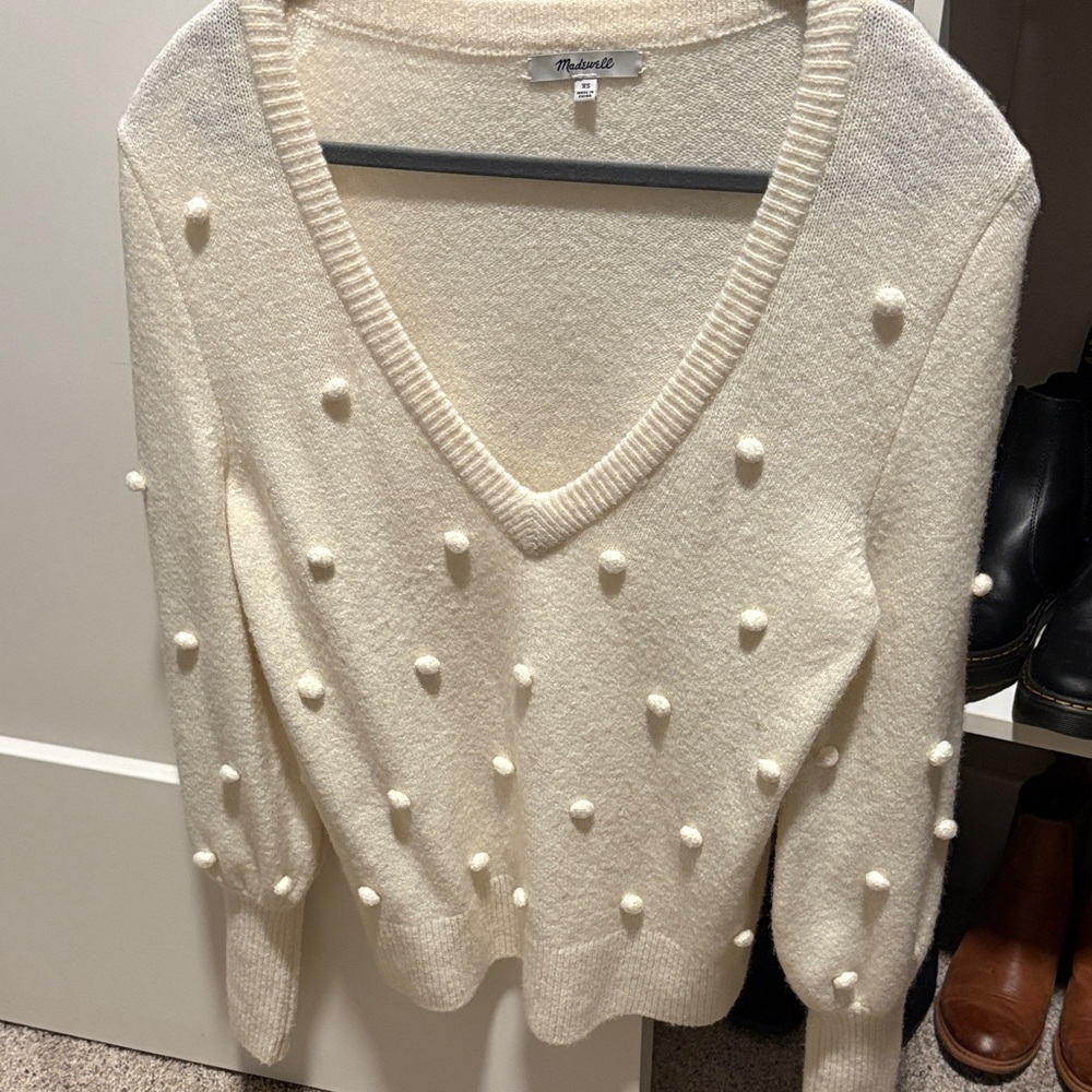 Madewell Cream V-Neck Sweater with Pom Pom Accents